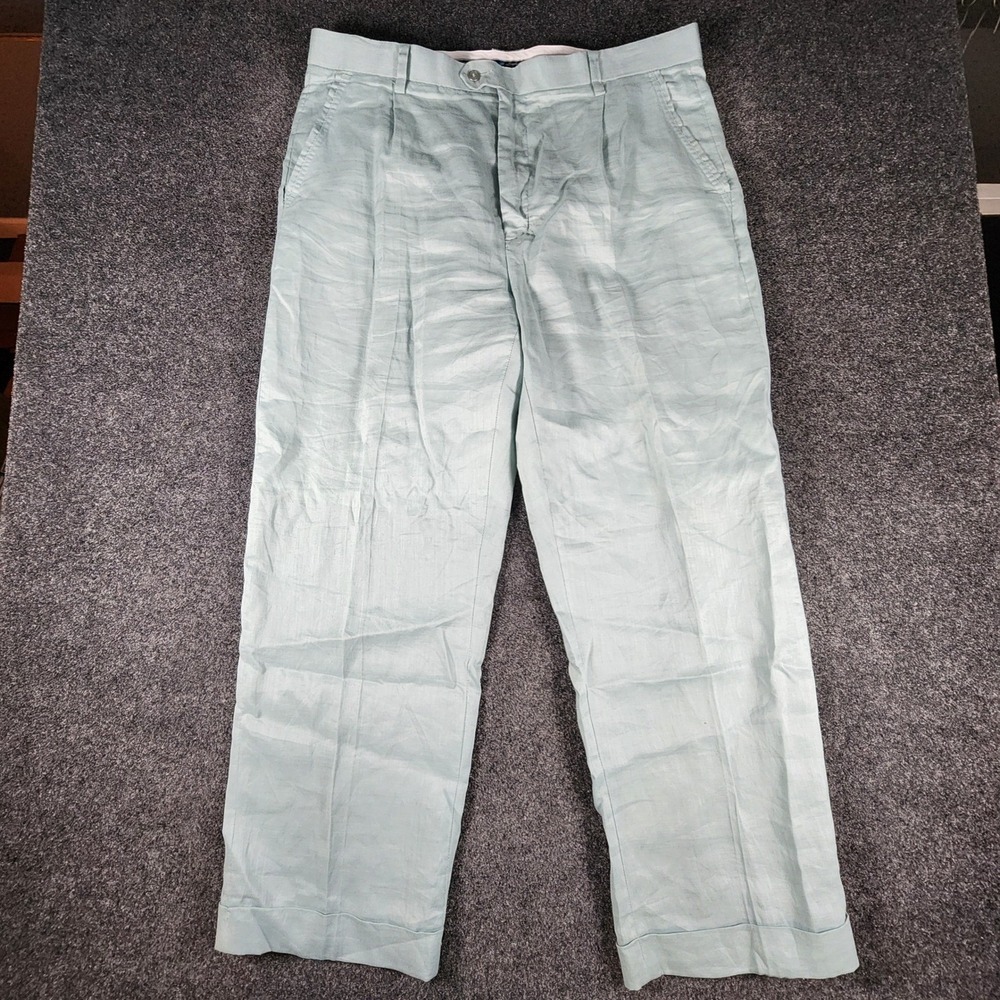 Steve Harvey 100% Linen Dress Pants Mens 40/34 Sage Green Pleated Cuffed Luxury